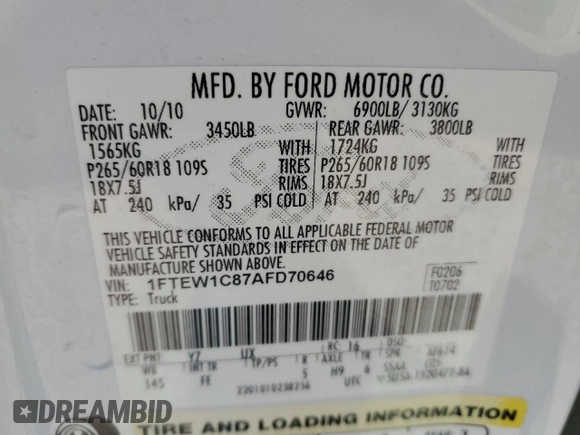 2010 Ford F-150 XL with VIN 1FTEW1C87AFD70646, listed as a Copart auction lot 53051625 with 162,396 mi miles and Salvage Title. Bid and sale history available at carsss.com. Image 12.