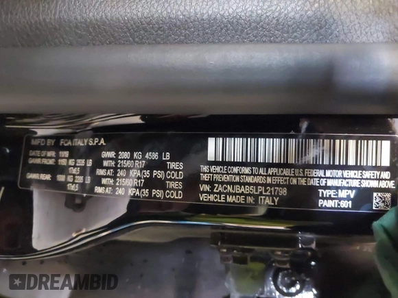 2020 Jeep Renegade Jeepster z VIN ZACNJBAB5LPL21798, wystawiony jako IAAI lot #42038384 z przebiegiem 65 753 mil mil oraz . Historia ofert i sprzedaży dostępna na DreamBid. Obrazek 9.