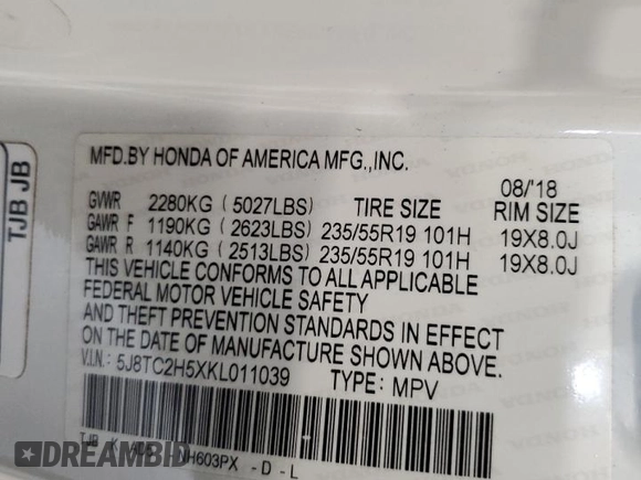 2019 Acura RDX Technology with VIN 5J8TC2H5XKL011039, listed as a Copart auction lot 61411585 with 142,011 mi miles and Salvage title. Bid and sale history available at DreamBid. Image 13.