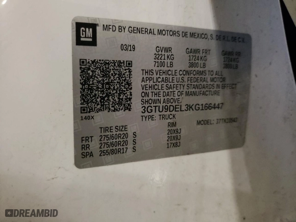 2019 GMC Sierra 1500 SLT with VIN 3GTU9DEL3KG166447, listed as a Copart auction lot 46630855 with 51,279 mi miles and Salvage Title. Bid and sale history available at carsss.com. Image 12.