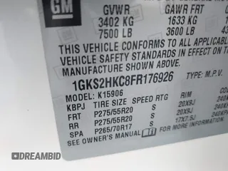 2015 GMC Yukon XL SLT with VIN 1GKS2HKC8FR176926, listed as a IAAI auction lot 41444930 with 1 mi miles. Bid and sale history available at carsss.com. Image 9.