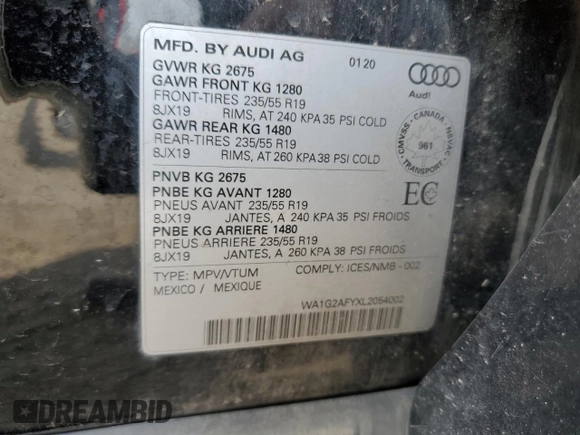2020 Audi Q5 Premium with VIN WA1G2AFYXL2054002, listed as a Copart auction lot 68996494 with 44,510 mi miles and Non Repairable. Bid and sale history available at carsss.com. Image 12.