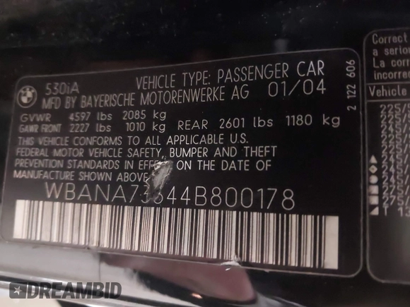 2004 BMW 5 Series 530i with VIN WBANA73544B800178, listed as a IAAI auction lot 41551287 with 236,546 mi miles and . Bid and sale history available at carsss.com. Image 9.