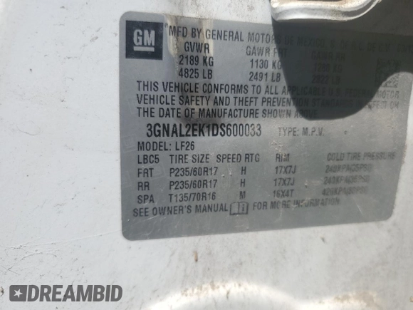 2013 Chevrolet Captiva Sport LS with VIN 3GNAL2EK1DS600033, listed as a Copart auction lot 54937115 with 197,862 mi miles and Clean Title. Bid and sale history available at DreamBid. Image 13.