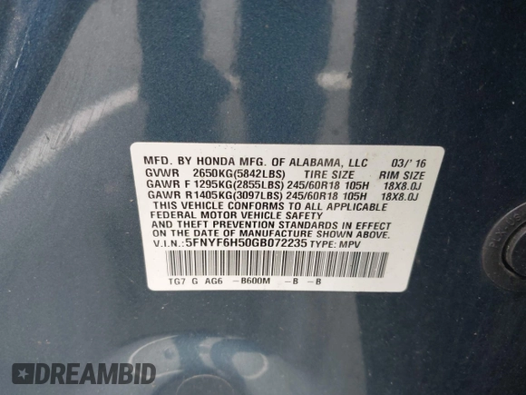 2016 Honda Pilot EX-L with VIN 5FNYF6H50GB072235, listed as a IAAI auction lot 42200287 with 93,806 mi miles. Bid and sale history available at carsss.com. Image 9.