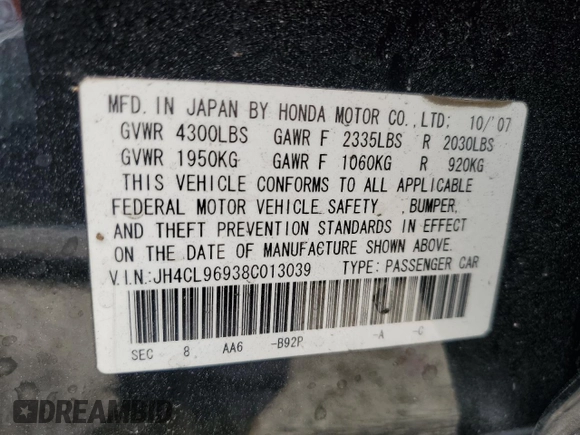 2008 Acura TSX Nav with VIN JH4CL96938C013039, listed as a Copart auction lot 47817355 with 113,606 mi miles and Salvage Title. Bid and sale history available at carsss.com. Image 13.