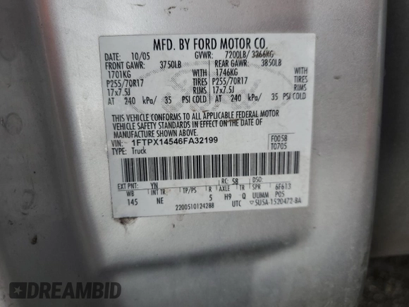 2006 Ford F-150 XLT with VIN 1FTPX14546FA32199, listed as a Copart auction lot 56480645 with 161,520 mi miles and Salvage title. Bid and sale history available at DreamBid. Image 12.