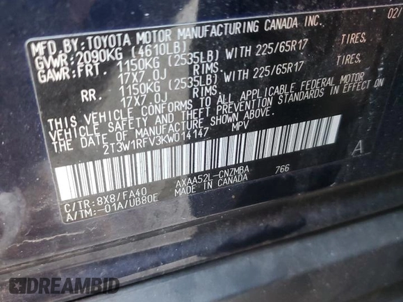 2019 Toyota RAV4 XLE with VIN 2T3W1RFV3KW014147, listed as a Copart auction lot 46943675 with 70,850 mi miles and Salvage Title. Bid and sale history available at DreamBid. Image 13.