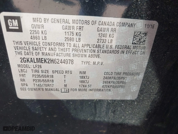 2017 GMC Terrain SLE with VIN 2GKALMEK2H6244978, listed as a IAAI auction lot 42011037 with 147,976 mi miles. Bid and sale history available at carsss.com. Image 9.