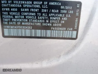 2013 Volkswagen Passat SEL Premium with VIN 1VWCM7A37DC024252, listed as a IAAI auction lot 41944978 with 168,616 mi miles. Bid and sale history available at carsss.com. Image 9.