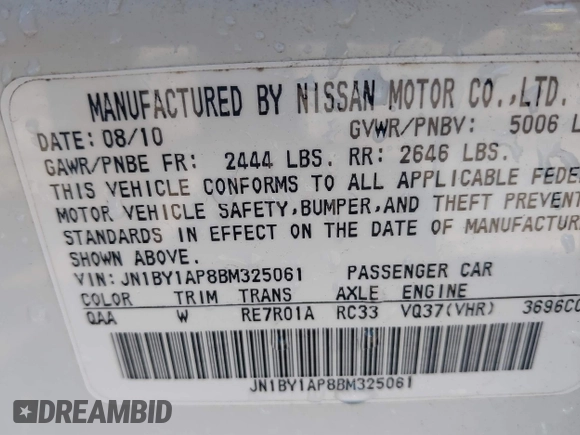 2011 Infiniti M with VIN JN1BY1AP8BM325061, listed as a IAAI auction lot 41765214 with 289,990 mi miles and . Bid and sale history available at DreamBid. Image 9.