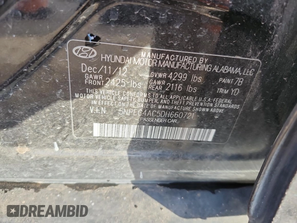 2013 Hyundai Sonata SE z VIN 5NPEC4AC5DH660721, wystawiony jako Copart lot #41617025 z przebiegiem 193 006 mil mil oraz Szkoda całkowita • Salvage title. Historia ofert i sprzedaży dostępna na DreamBid. Obrazek 12.