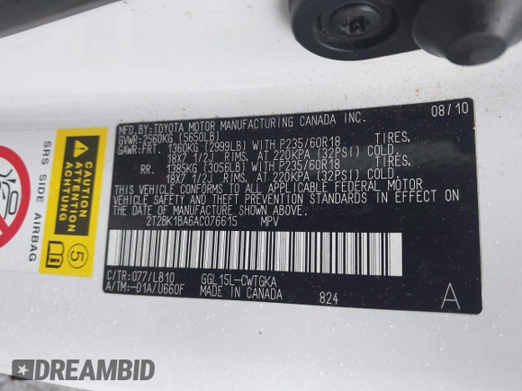 2010 Lexus RX 350 with VIN 2T2BK1BA6AC076615, listed as a IAAI auction lot 42608942 with 200,939 mi miles and . Bid and sale history available at DreamBid. Image 9.