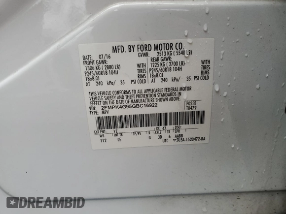 2016 Ford Edge SE with VIN 2FMPK4G95GBC16922, listed as a Copart auction lot 57887295 with 138,830 mi miles and Clean title. Bid and sale history available at DreamBid. Image 13.
