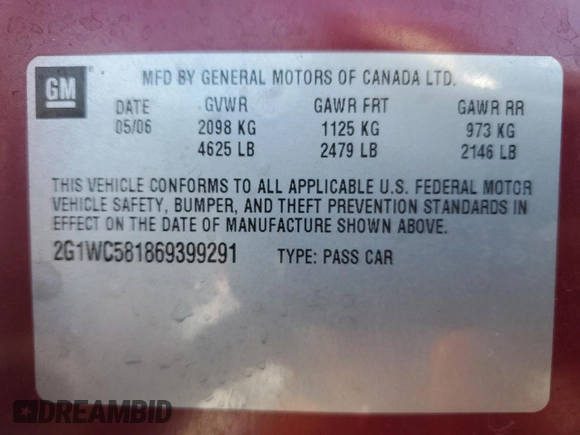 2006 Chevrolet Impala LT 3.9L with VIN 2G1WC581869399291, listed as a Copart auction lot 52936685 with 233,770 mi miles and Salvage Title. Bid and sale history available at DreamBid. Image 12.