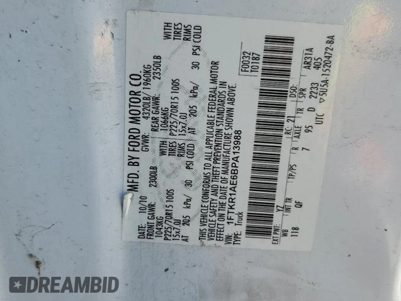 2011 Ford Ranger XL with VIN 1FTKR1AE6BPA13988, listed as a Copart auction lot 63349625 with 244,503 mi miles and Clean title. Bid and sale history available at DreamBid. Image 12.