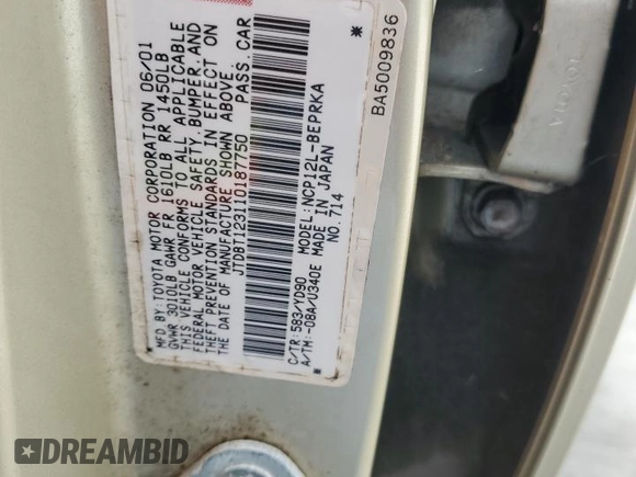 2001 Toyota ECHO with VIN JTDBT123110187750, listed as a Copart auction lot 51154505 with 25,620 mi miles and Salvage Title. Bid and sale history available at DreamBid. Image 12.