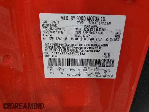 2011 Ford F-150 XL with VIN 1FTFX1EFXBFC70832, listed as a Copart auction lot 56369255 with 238,617 mi miles and Salvage title. Bid and sale history available at DreamBid. Image 12.