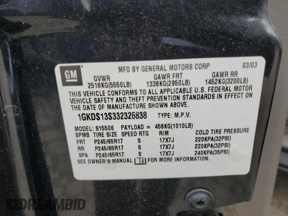 2003 GMC Envoy SLT z VIN 1GKDS13S332326838, wystawiony jako Copart lot #48888545 z przebiegiem 197 969 mil mil oraz Czysty tytuł • Clean title. Historia ofert i sprzedaży dostępna na DreamBid. Obrazek 13.