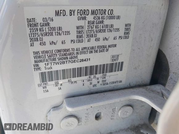 2016 Ford F-250 Lariat with VIN 1FT7W2BT7GEC28431, listed as a IAAI auction lot 41596097 with 302,307 mi miles and . Bid and sale history available at DreamBid. Image 9.