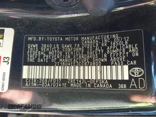 2012 Toyota Corolla L with VIN 2T1BU4EE3CC870800, listed as a IAAI auction lot 42109734 with 228,998 mi miles and . Bid and sale history available at DreamBid. Image 9.