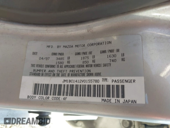 1997 Mazda Protege DX with VIN JM1BC1412V0155780, listed as a IAAI auction lot 42134286 with Not Provided miles and . Bid and sale history available at DreamBid. Image 9.