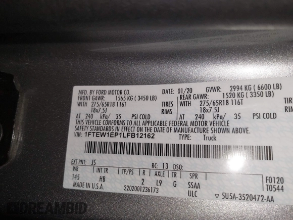 2020 Ford F-150 XL с VIN 1FTEW1EP1LFB12162, выставлен на аукционе IAAI как лот 41211017 с пробегом 82 920 миль миль и . История ставок и продаж доступна на DreamBid. Изображение 9.