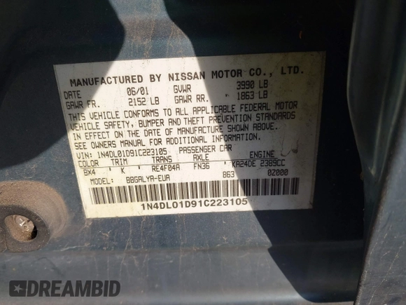 2001 Nissan Altima GXE with VIN 1N4DL01D91C223105, listed as a IAAI auction lot 41447253 with 196,021 mi miles. Bid and sale history available at carsss.com. Image 9.