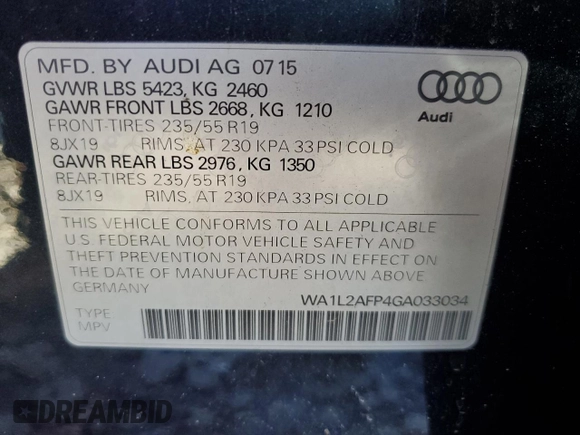 2016 Audi Q5 Premium Plus with VIN WA1L2AFP4GA033034, listed as a Copart auction lot 45002395 with 104,470 mi miles and Salvage Title. Bid and sale history available at carsss.com. Image 15.