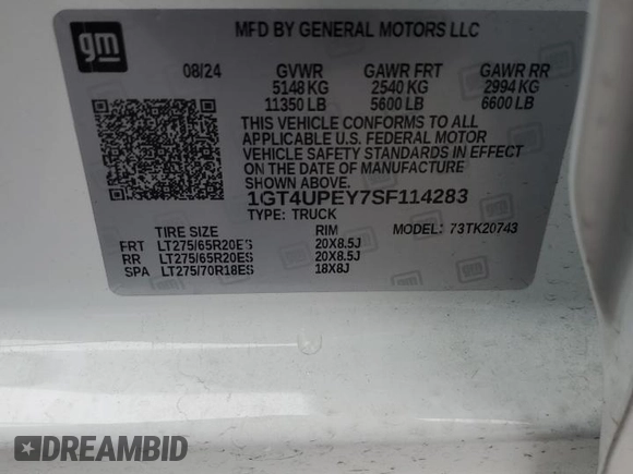 2025 GMC Sierra 2500HD AT4 z VIN 1GT4UPEY7SF114283, wystawiony jako Copart lot #86565004 z przebiegiem 4 371 mil mil oraz Szkoda całkowita • Salvage title. Historia ofert i sprzedaży dostępna na DreamBid. Obrazek 14.