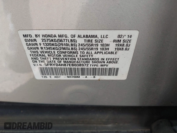 2014 Acura MDX Advance with VIN 5FRYD4H87EB038972, listed as a IAAI auction lot 41838819 with 145,587 mi miles and . Bid and sale history available at DreamBid. Image 9.