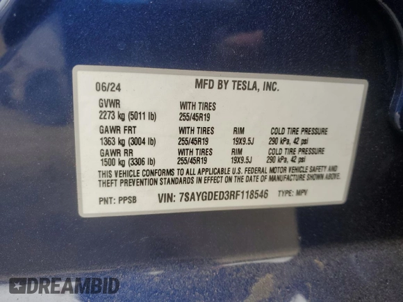2024 Tesla Model Y with VIN 7SAYGDED3RF118546, listed as a Copart auction lot 56573375 with 4,760 mi miles and Salvage title. Bid and sale history available at DreamBid. Image 12.