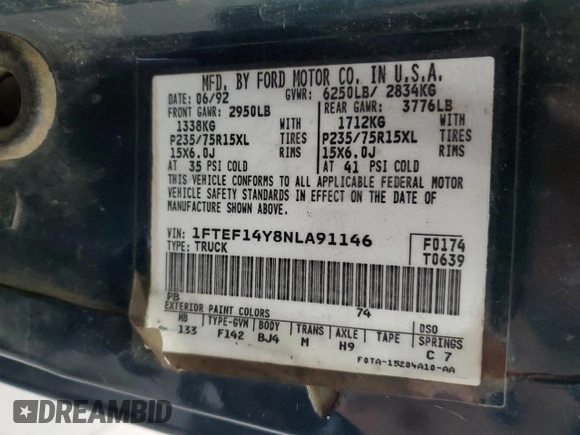 1992 Ford F-150 with VIN 1FTEF14Y8NLA91146, listed as a Copart auction lot 51786905 with Not Provided miles and Salvage Title. Bid and sale history available at DreamBid. Image 12.