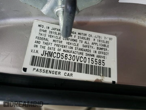 1997 Honda Accord LX with VIN JHMCD5630VC015585, listed as a Copart auction lot 52166155 with 121,820 mi miles and Salvage Title. Bid and sale history available at carsss.com. Image 12.