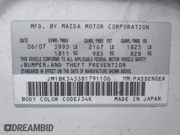 2008 Mazda Mazda3 s Sport with VIN JM1BK343381791106, listed as a IAAI auction lot 41845760 with 88,390 mi miles. Bid and sale history available at carsss.com. Image 9.