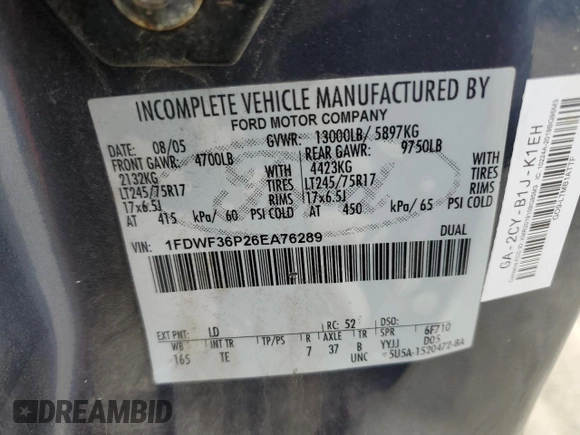 2006 Ford F-350 with VIN 1FDWF36P26EA76289, listed as a Copart auction lot 73438274 with 37,729 mi miles and Clean title. Bid and sale history available at DreamBid. Image 12.
