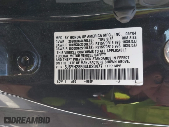2004 Honda Element EX with VIN 5J6YH28594L020477, listed as a IAAI auction lot 42059515 with 248,243 mi miles and . Bid and sale history available at DreamBid. Image 9.