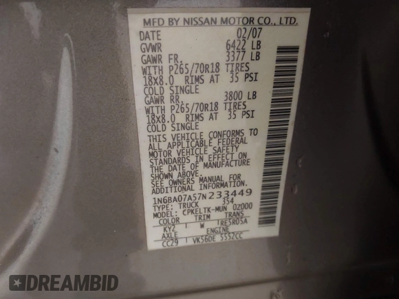2007 Nissan Titan XE with VIN 1N6BA07A57N233449, listed as a IAAI auction lot 41381833 with 176,720 mi miles. Bid and sale history available at carsss.com. Image 9.