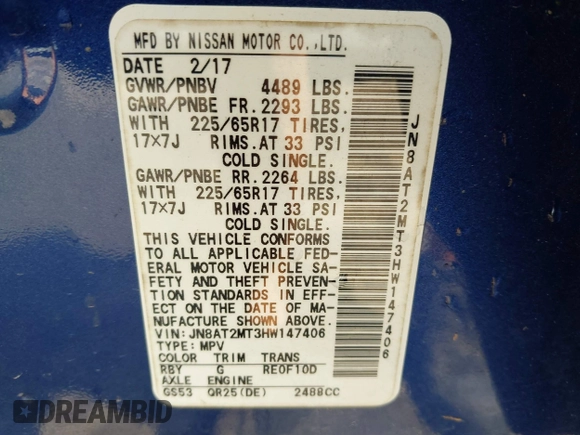 2017 Nissan Rogue SL with VIN JN8AT2MT3HW147406, listed as a IAAI auction lot 42386531 with 36,478 mi miles and . Bid and sale history available at DreamBid. Image 9.