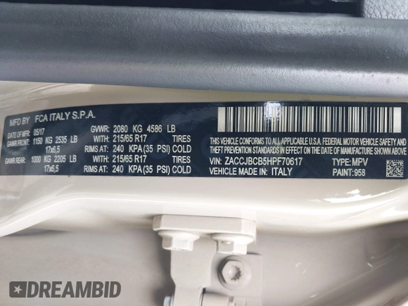2017 Jeep Renegade Trailhawk with VIN ZACCJBCB5HPF70617, listed as a IAAI auction lot 42516113 with 66,187 mi miles and . Bid and sale history available at DreamBid. Image 9.