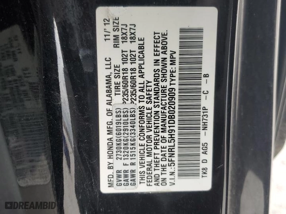2013 Honda Odyssey Touring with VIN 5FNRL5H91DB020909, listed as a Copart auction lot 51062805 with 198,206 mi miles and Salvage Title. Bid and sale history available at carsss.com. Image 14.