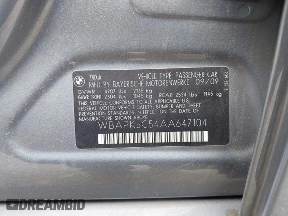 2010 BMW 3 Series 328i xDrive with VIN WBAPK5C54AA647104, listed as a IAAI auction lot 42059221 with 173,463 mi miles and . Bid and sale history available at DreamBid. Image 9.