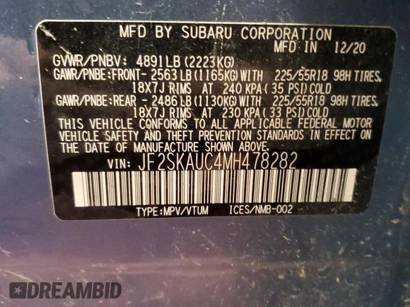 2021 Subaru Forester Limited с VIN JF2SKAUC4MH478282, выставлен на аукционе Copart как лот 58697475 с пробегом 135 997 миль миль и Списание • Salvage title. История ставок и продаж доступна на DreamBid. Изображение 13.