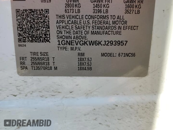 2019 Chevrolet Traverse LT Cloth with VIN 1GNEVGKW6KJ293957, listed as a Copart auction lot 68144334 with 75,276 mi miles and Salvage Title. Bid and sale history available at carsss.com. Image 13.