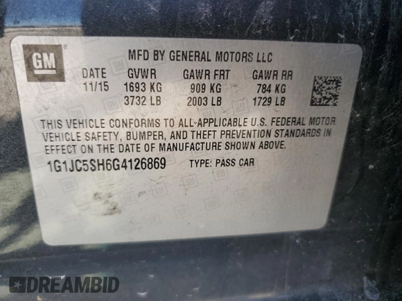 2016 Chevrolet Sonic LT z VIN 1G1JC5SH6G4126869, wystawiony jako Copart lot #49103155 z przebiegiem 199 131 mil mil oraz Szkoda całkowita • Salvage title. Historia ofert i sprzedaży dostępna na DreamBid. Obrazek 12.