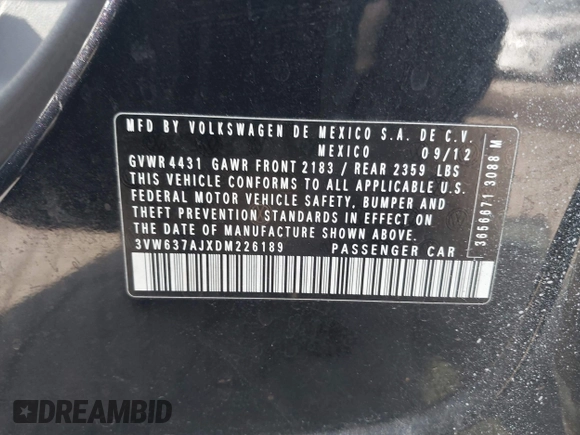2013 Volkswagen Jetta Hybrid SE z VIN 3VW637AJXDM226189, wystawiony jako IAAI lot #42503588 z przebiegiem 158 367 mil mil oraz . Historia ofert i sprzedaży dostępna na DreamBid. Obrazek 9.
