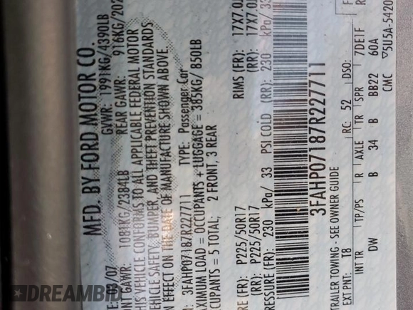 2007 Ford Fusion SE with VIN 3FAHP07187R227711, listed as a Copart auction lot 49618735 with 197,131 mi miles and Salvage Title. Bid and sale history available at carsss.com. Image 12.