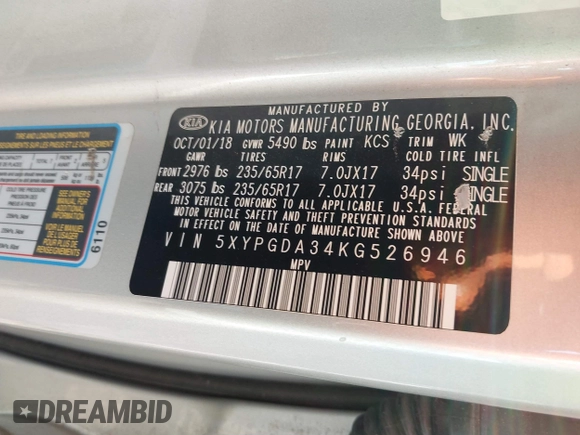 2019 Kia Sorento LX with VIN 5XYPGDA34KG526946, listed as a IAAI auction lot 40771761 with 132,260 mi miles and . Bid and sale history available at DreamBid. Image 9.