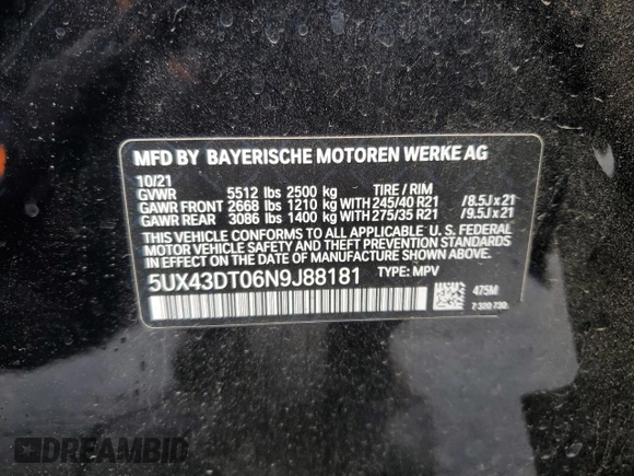 2022 BMW X4 M40i with VIN 5UX43DT06N9J88181, listed as a Copart auction lot 47567285 with 15,603 mi miles and Salvage Title. Bid and sale history available at carsss.com. Image 13.