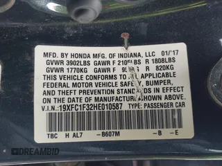 2017 Honda Civic Sedan EX-T with VIN 19XFC1F32HE010587, listed as a IAAI auction lot 41793102 with 98,724 mi miles. Bid and sale history available at carsss.com. Image 9.